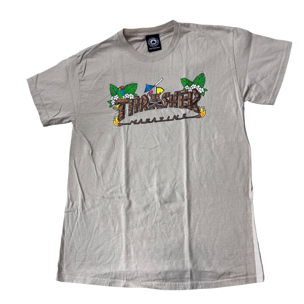 Thrasher Skateboard Magazine SF Beige Hawaii Tiki T-Shirt Women's Size  Med